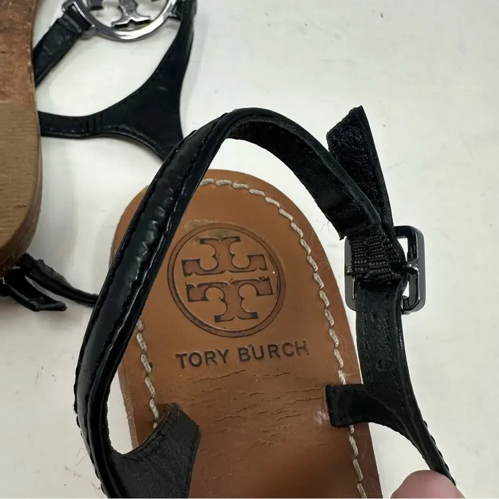 Tory Burch Violet Thong Sandals Black Crystal Logo Size 7.5 Leather Ankle Strap